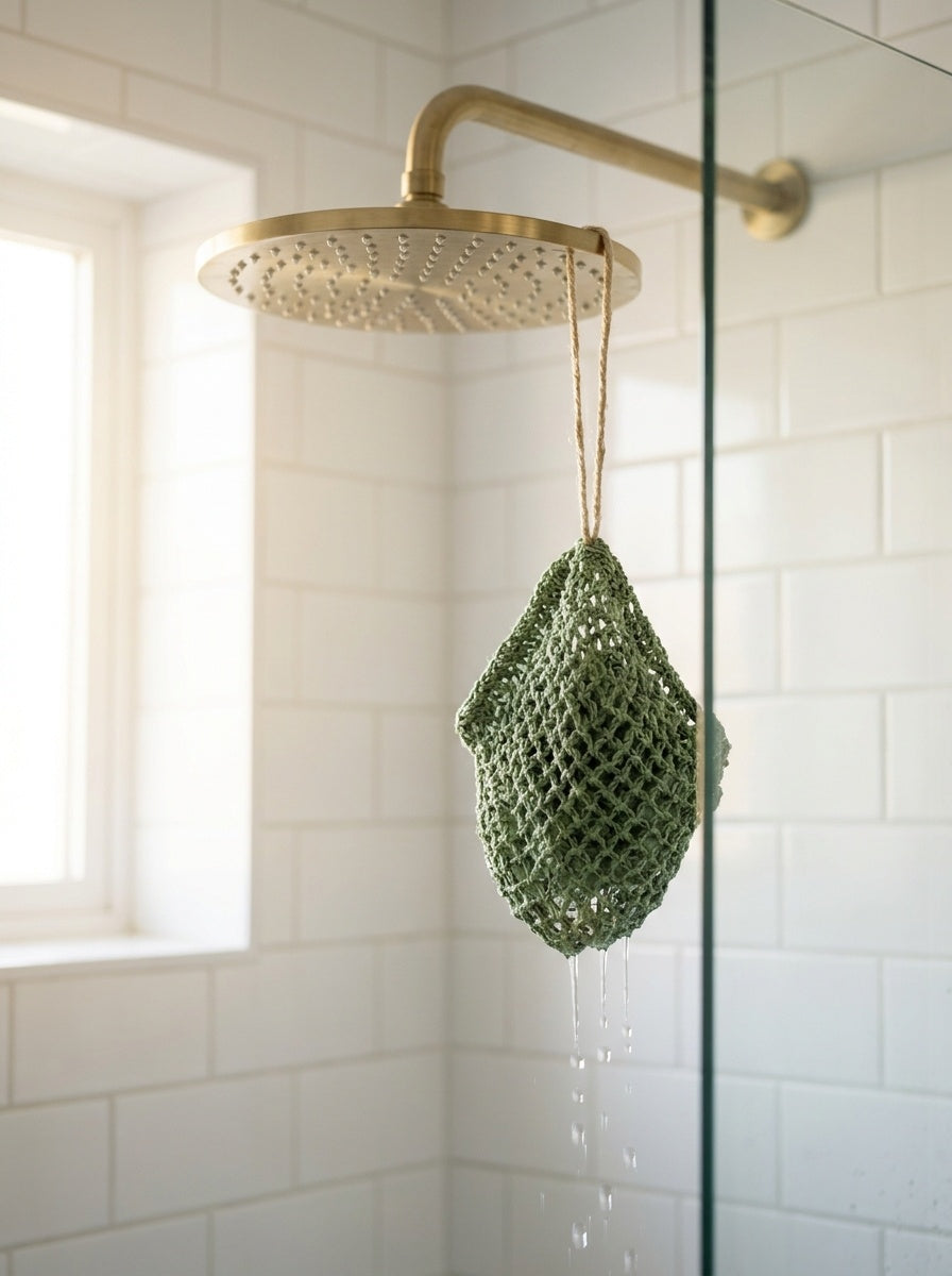 Netzschwamm hängt in der Dusche